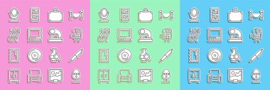 Kürsüye tavuk yumurtası, Pen, Retro sinema kamerası, bavul, televizyon, küpeler, yuvarlak makyaj aynası ve eski gramofon ikonu koyun. Vektör