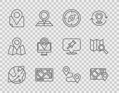 Dünya 'nın yörüngesinde dönen uydu hatlarını, harita, pusula, katlanmış konum işaretleyicisi, monitör, rota ve arama simgesi olan GPS cihazlarını ayarla. Vektör