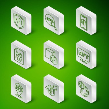 Satır NFT Dijital Şifreleme Sanatı, büyüme çubuğu şeması, kalkan, ikili kod, Arama ve simge ayarla. Vektör