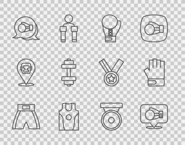 Çizgi boks, eldiven, forma ve tişört, Dumbbell, gong ve MMA ikonu. Vektör