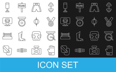 MMA eldiveni, boks gongu, madalya, kısa, kask, kum torbası ve ikon. Vektör