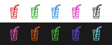 Siyah ve beyaz arkaplanda izole edilmiş su ikonu olan çizgi camını ayarla. Soda bardağı. Vektör.