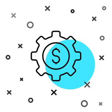 Black line Gear with dollar symbol icon isolated on white background. Business and finance conceptual icon. Random dynamic shapes. Vector.