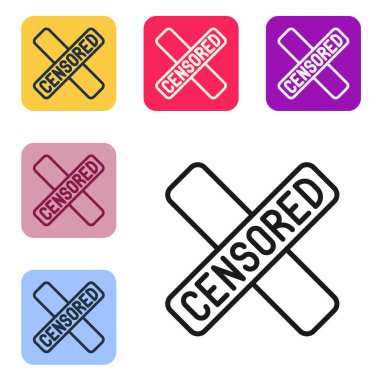 Siyah çizgi sansürlenmiş pul simgesi beyaz arkaplanda izole edildi. Renkli kare düğmelerle simgeleri ayarla. Vektör.