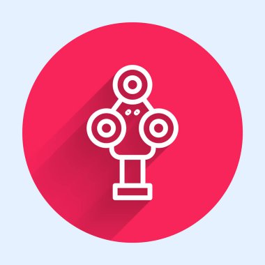 Beyaz çizgi 3D tarayıcı simgesi uzun gölgeli izole edildi. Kırmızı daire düğmesi. Vektör.