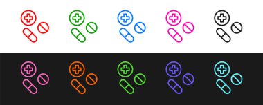 Siyah ve beyaz arkaplanda izole edilmiş tıp hapı veya tablet simgesi ayarla. Kapsül hapı ve uyuşturucu işareti. Eczane tasarımı. Vektör.