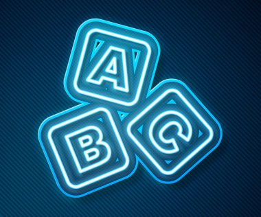Parlayan neon hattı ABC blok simgesi mavi arkaplanda izole edildi. A, B, C harfli alfabe küpleri. Vektör
