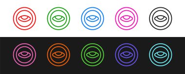 Siyah beyaz arkaplanda göz simgesi olan çizgi madalyonu belirleyin. Gözlü tılsım. Vektör