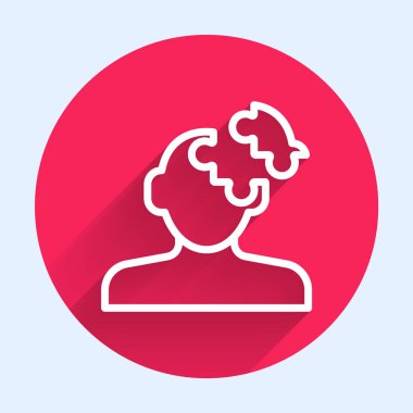 Psikoloji ikonundaki soruna beyaz çizgi çözümü uzun gölgeli arka planda izole edilmiş. Bulmaca. Akıl sağlığı terapisi. Kırmızı daire düğmesi. Vektör