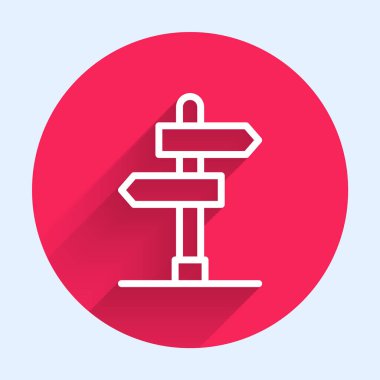 White line Road traffic sign. Signpost icon isolated with long shadow background. Pointer symbol. Isolated street information sign. Direction sign. Red circle button. Vector