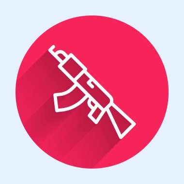 Beyaz çizgi Alt makineli tüfek ikonu uzun gölge arkaplan izole. Kalaşnikov veya AK47. Kırmızı daire düğmesi. Vektör