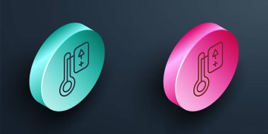 Isometric line Sauna thermometer icon isolated on black background. Sauna and bath equipment. Turquoise and pink circle button. Vector