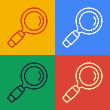 Pop sanat eseri büyüteç simgesi renk arkaplanında izole edilmiş. Arama, odaklanma, yakınlaştırma, iş sembolü. Vektör