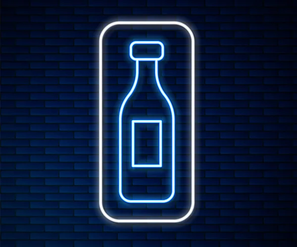 Glowing Neon Line Bottle Water Icon Isolated Brick Wall Background — Stock Vector