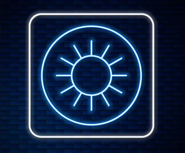 Светящаяся Неоновая Линия Иконка Солнца Изолирована Фоне Кирпичной Стены Вектор — стоковый вектор