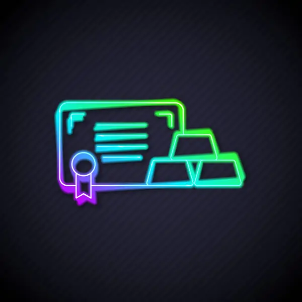 Glowing Neon Line Gold Bars Certificate Icon Isolated Black Background — Vetor de Stock