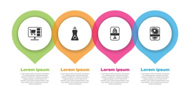 Alışveriş arabasını bilgisayara, sos şişesine, balık plastik tepsisine ve et paketleme bifteğine ayarlayın. Ticari bilgi şablonu. Vektör