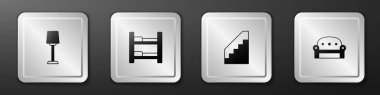 Masa lambası, otel odası yatağı, merdiven ve kanepe ikonu. Gümüş kare düğme. Vektör