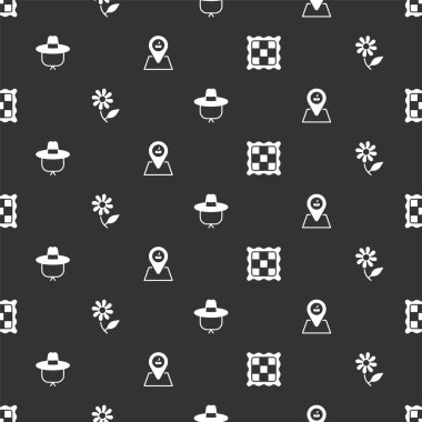 Damalı peçete, çiçek, kamp şapkası ve piknik yerini kusursuz bir şekilde ayarlayın. Vektör