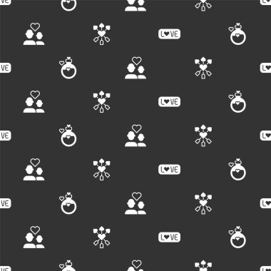 Aşk metni, aşk iksiri şişesi, aşk iksiri ve aşk dolu bir kalp ve okun kusursuz desenleri. Vektör