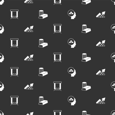 Altın külçeleri, altın, maden ve madeni paralarla büyüyen okları kusursuz desenlere ayarlayın. Vektör