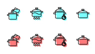 Yemek pişirme kabını ve ikonu ayarla. Vektör