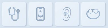 Stetoskop, işitme cihazı, acil telefon görüşmesi ve gözlük ayarla. Beyaz kare düğme. Vektör