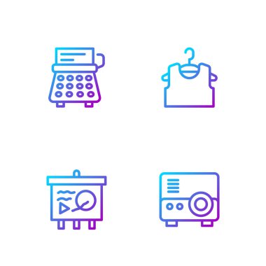 Satır çizgisi projektörü, senaryo tahtada, Retro daktilo ve kolsuz tişört. Renk simgeleri. Vektör