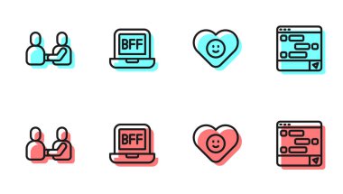 Set hattı İyi ilişki, Mutlu arkadaşlık günü, BFF ya da sonsuza kadar en iyisi ve Sohbet dizüstü bilgisayar ikonu. Vektör