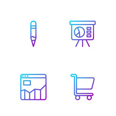 Çizgi alışveriş arabası, grafik grafiği bilgisi, kalem ve pano ile ayarlayın. Renk simgeleri. Vektör