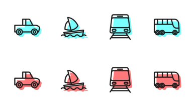 Tren ve demiryolu, kamyonet, yat yelkenlisi ve otobüs ikonu ayarlayın. Vektör