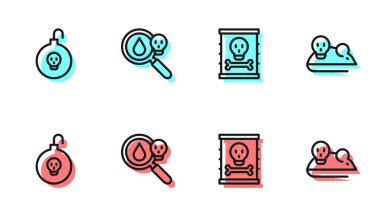 Radyoaktif atıkları varile, nükleer bombaya, zehirli büyüteçlere ve deneysel fare simgesine yerleştir. Vektör