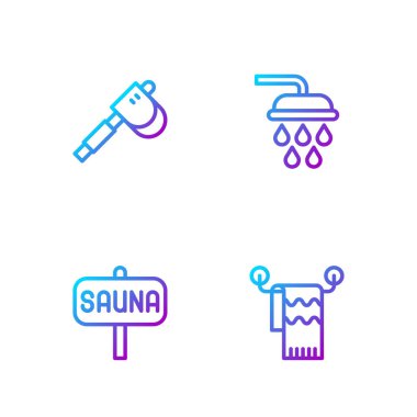 Havlu askıya, saunaya, tahta baltaya ve duşa bağlansın. Renk simgeleri. Vektör