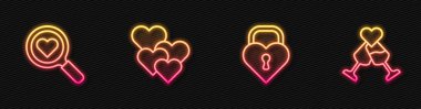 Castle 'ı kalp şeklinde, Arama ve Sevgi şeklinde, Heart ve Glass şampanyası şeklinde ayarla. Parlayan neon ikonu. Vektör