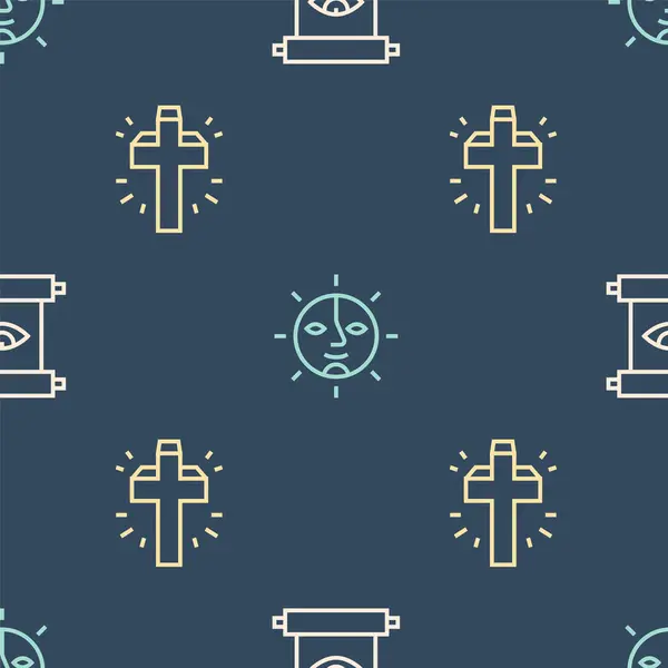 Set Line Ancient Magic Scroll Christian Cross Sun Seamless Pattern — Stock Vector