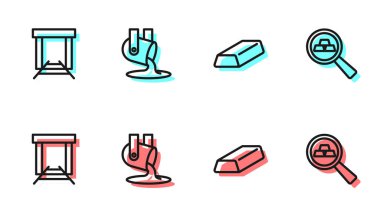 Sabit altın külçeleri, maden, erimiş altın dökülüyor ve ikon. Vektör