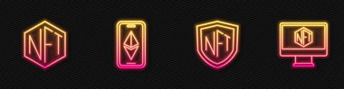 Satır NFT kalkanı, dijital şifreleme sanatı, Ethereum ETH ve mağaza uygulaması ile monitör ayarla. Parlayan neon ikonu. Vektör