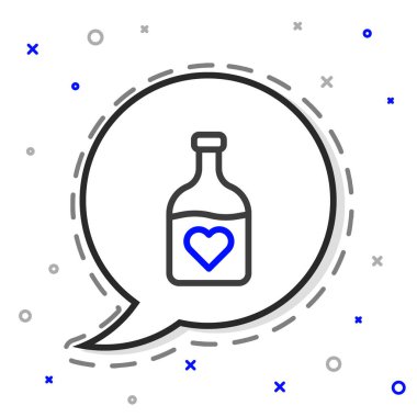 Aşk iksiri ikonu içeren çizgi şişesi beyaz arkaplanda izole edilmiş. Sevgililer günün kutlu olsun. Renkli taslak konsepti. Vektör