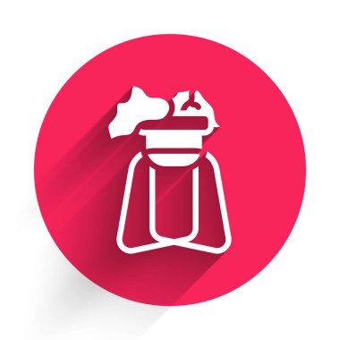 Beyaz Saksıdaki ev bitkisi, uzun gölgeli izole edilmiş bir sembol. Tencerede yetişen bir bitki. Saksı bitkisi işareti. Kırmızı daire düğmesi. Vektör.