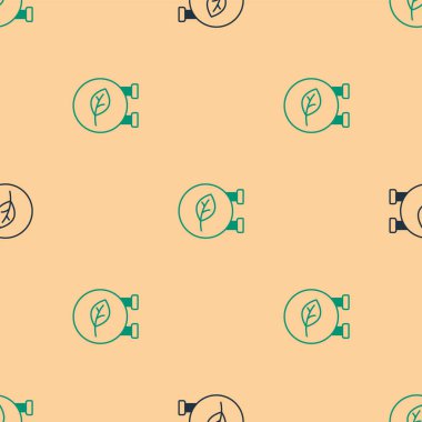 Yeşil ve siyah Eko mağaza simgesi, bej arka planda kusursuz desen izole etti. Organik mağaza ya da eco ürünleri tabelası. Vektör