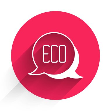 Beyaz Yaprak Çevre sembolü uzun gölge arkaplanı ile izole edilmiş. Pankart, etiket, etiket, logo, çevre yeşili etiketi. Kırmızı daire düğmesi. Vektör