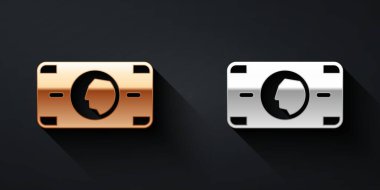 Altın ve gümüş deste kağıt para nakit ikonu siyah arka planda izole. Para desteleri. Para birimi. Uzun gölge tarzı. Vektör