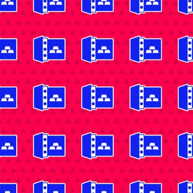 Altın renkli mavi kasa, kırmızı arka planda izole edilmiş. Bankada değerli metaller var. Metalik hazine. Güvenilir veri koruması. Vektör