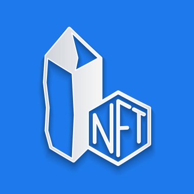 Kağıt kesiği NFT dijital şifreleme resim simgesi mavi arkaplanda izole edildi. Para iadesi olmayan jeton. Kağıt sanatı tarzı. Vektör