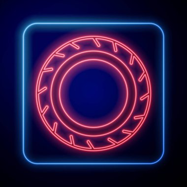 Parlayan neon araba tekerleği ikonu siyah arka planda izole edilmiş. Vektör