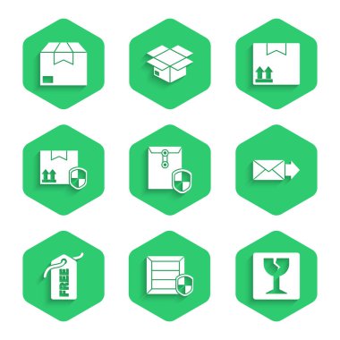 Zarfı kalkan, teslimat paketi güvenliği, kırılgan cam, Price tag Free, karton kutu trafik sembolü ve karton karton simge ile ayarla. Vektör