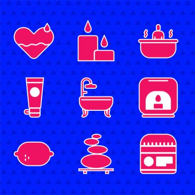 Küvet, Yığın sıcak taşları, krem ya da losyon kozmetik tüpü, Aroma lambası, Limon ve Kalp İyileştirici ikon. Vektör