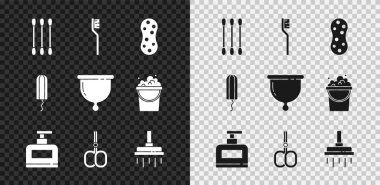 Kulak için pamuk çubuğu, diş fırçası, sünger, şampuan şişesi, tırnak makası, duş başlığı, hijyenik tampon ve regl kupası ikonu hazırlayın. Vektör