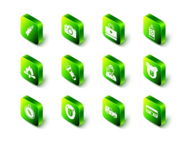 Fotoğraf makinesi, ilk yardım çantası, böceklere karşı sprey, ayı kafası, av fişeği kemeri, Avcı, off road ve vahşi aslan ikonu. Vektör