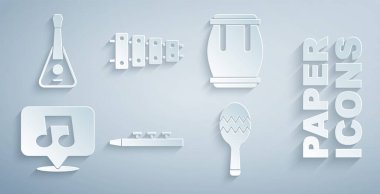 Davul ve bagetleri, nota, ton, Maracas, Ksilofon ve Gitar ikonunu ayarla. Vektör